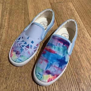 INKKAS Slip On Shoes Salty Blue Multicolour RARE Unique Asymmetrical Shoe Desgn